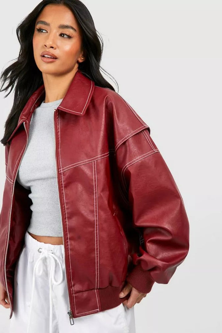 Elisabeth | Women's Oversized Quilted Bomber Jacket with Contrast Stitching Faux Leather