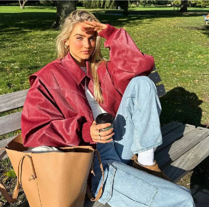 Elisabeth | Women's Oversized Quilted Bomber Jacket with Contrast Stitching Faux Leather