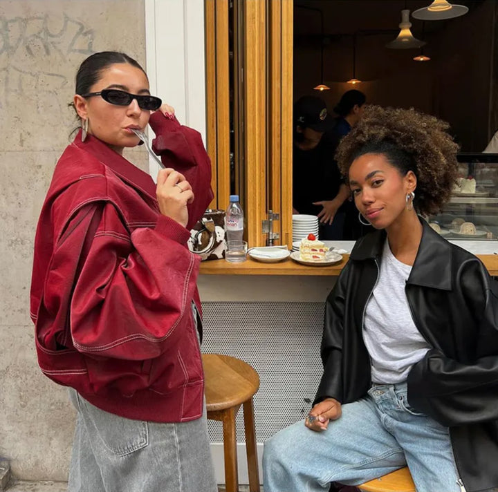 Elisabeth | Women's Oversized Quilted Bomber Jacket with Contrast Stitching Faux Leather