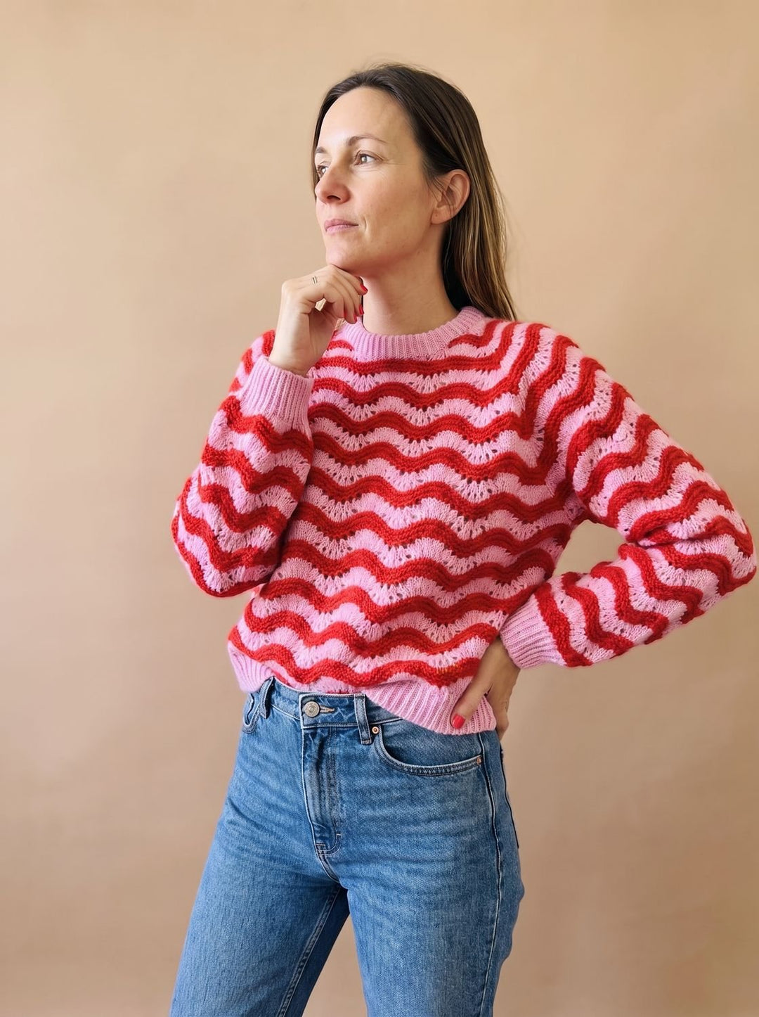 Hannah | Women's Oversized Knit Sweater with Wave Pattern and Round Neck