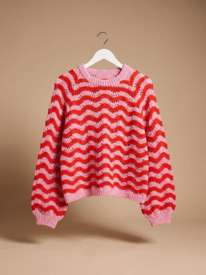 Hannah | Women's Oversized Knit Sweater with Wave Pattern and Round Neck