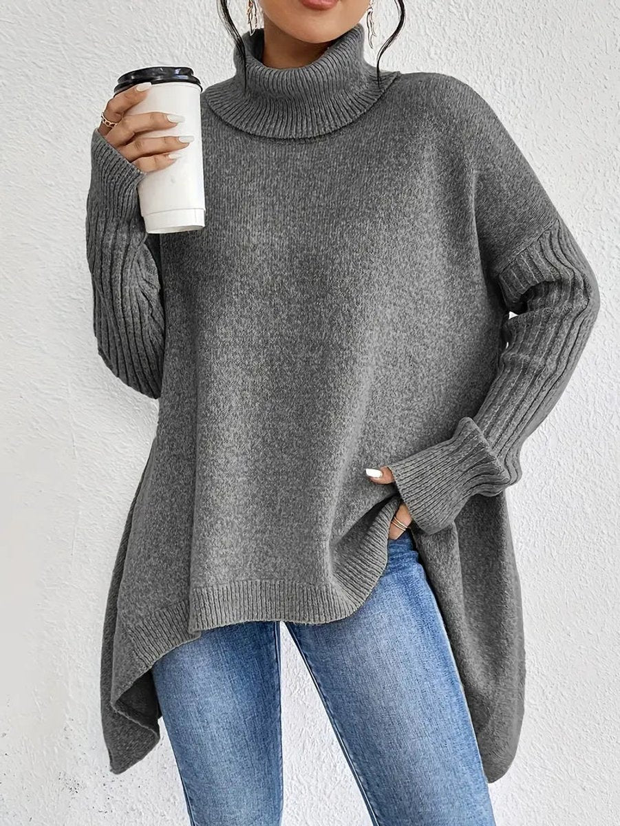 Greta | Women's Oversized Turtleneck Sweater with Ribbed Roll Neck and Extended Hem
