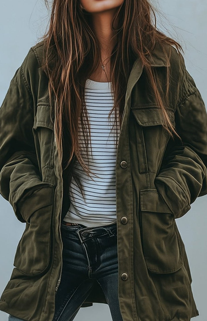 Amelie | Women's Oversized Utility Jacket with Button Placket Transitional Jacket