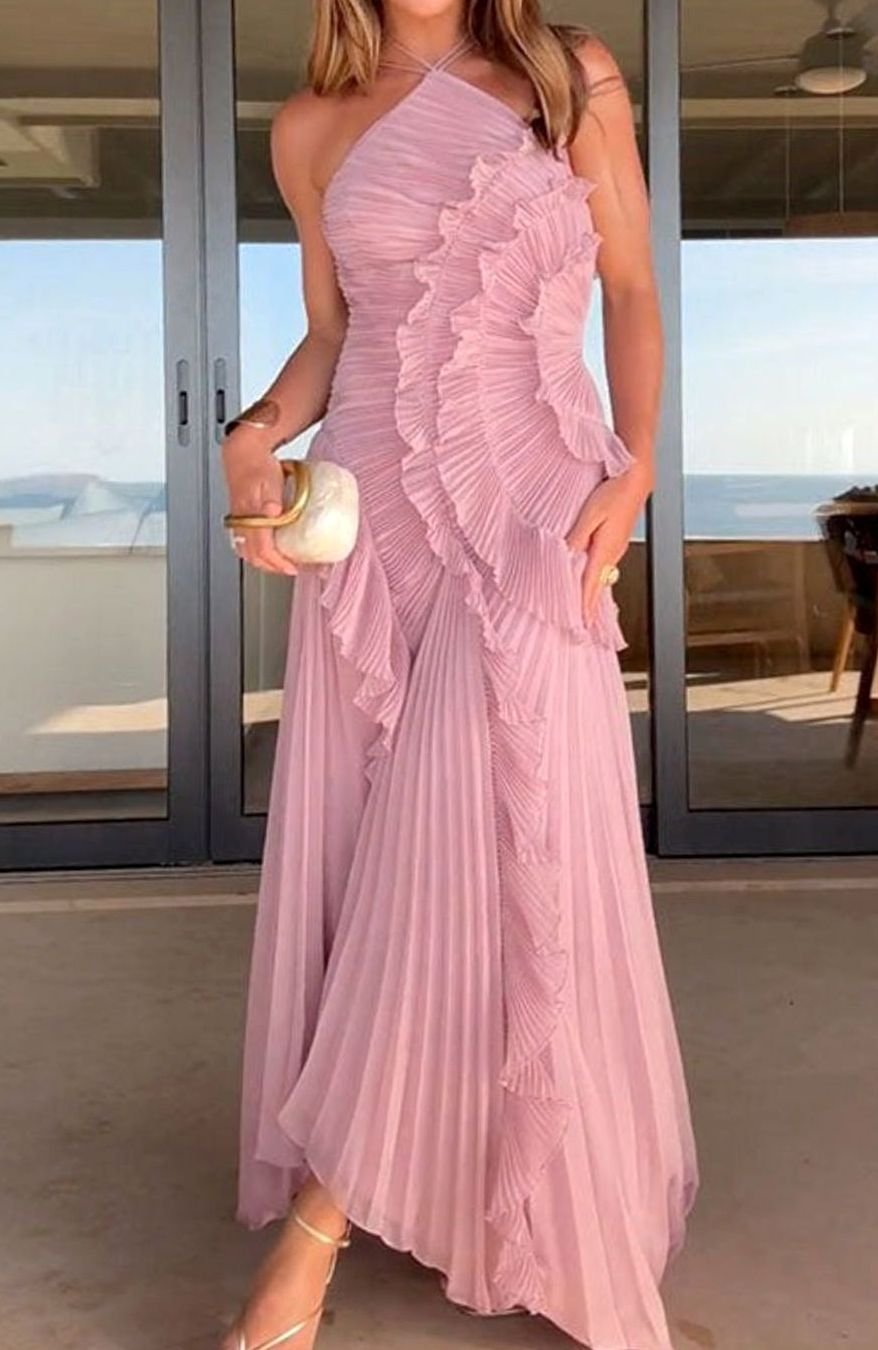 Charlotte | Women's Pleated Maxi Dress with Ruffles Halter Maxi