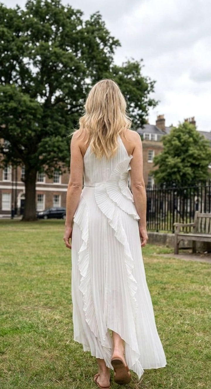 Charlotte | Women's Pleated Maxi Dress with Ruffles Halter Maxi
