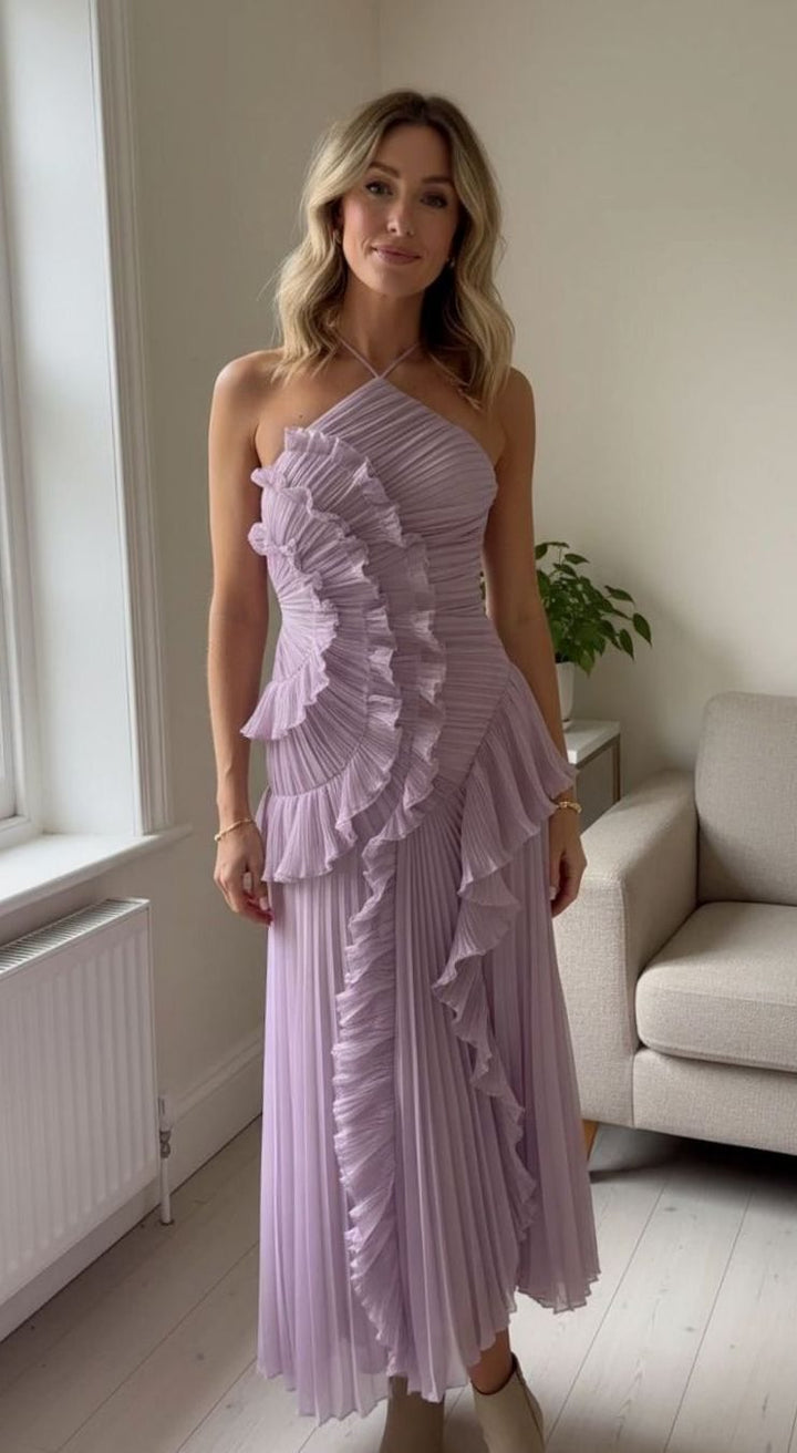 Charlotte | Women's Pleated Maxi Dress with Ruffles Halter Maxi