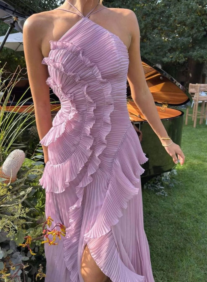 Charlotte | Women's Pleated Maxi Dress with Ruffles Halter Maxi