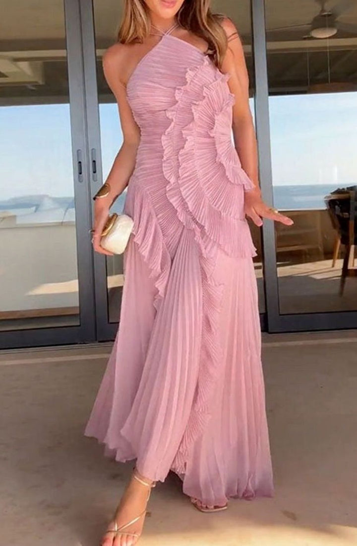 Charlotte | Women's Pleated Maxi Dress with Ruffles Halter Maxi