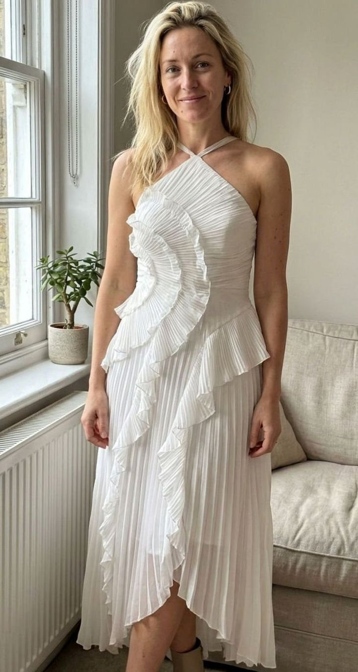 Charlotte | Women's Pleated Maxi Dress with Ruffles Halter Maxi