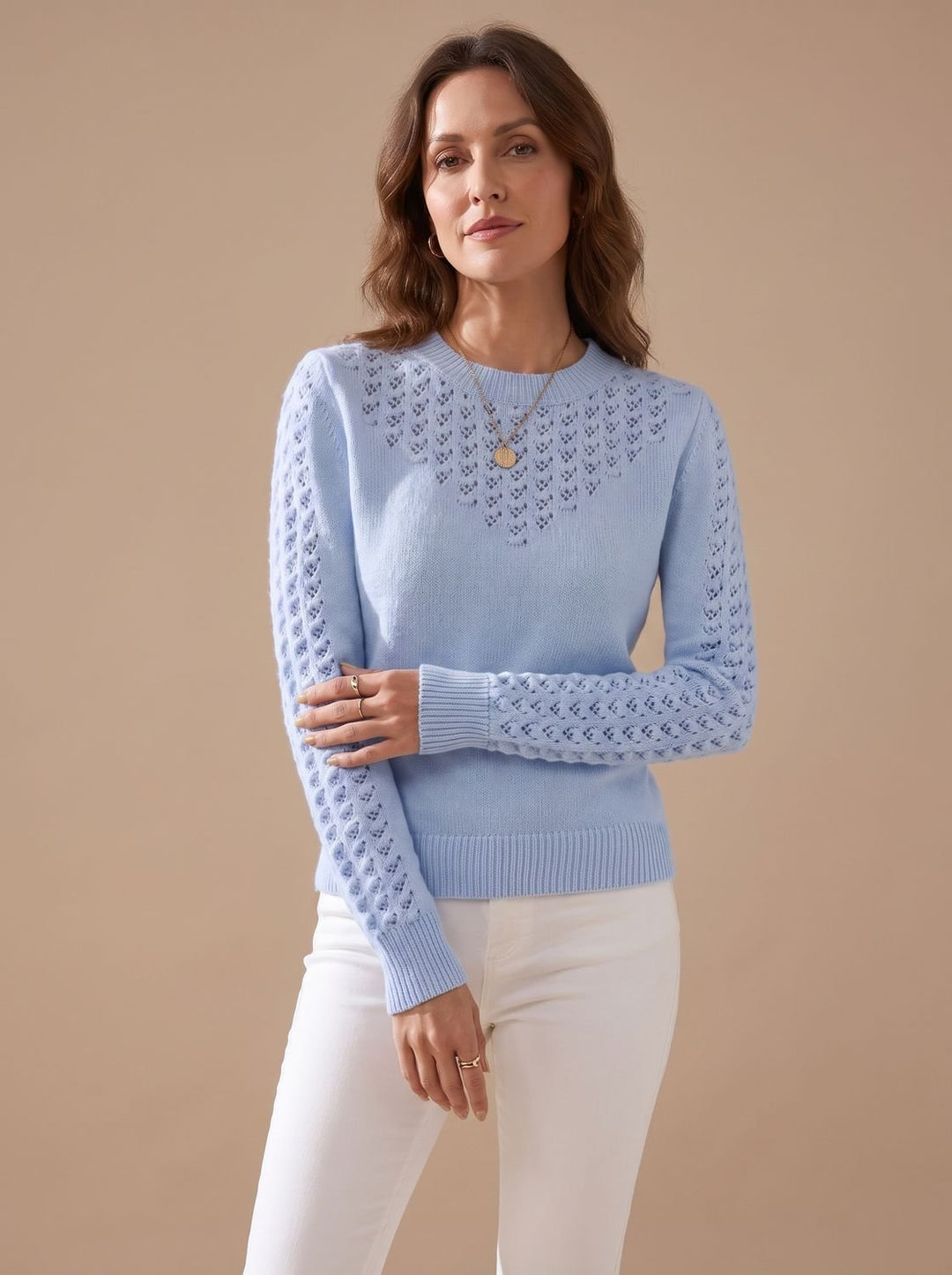 Annika Women's Pointelle Knit Crew Neck Long Sleeve Sweater, view 2 - Elena Harper