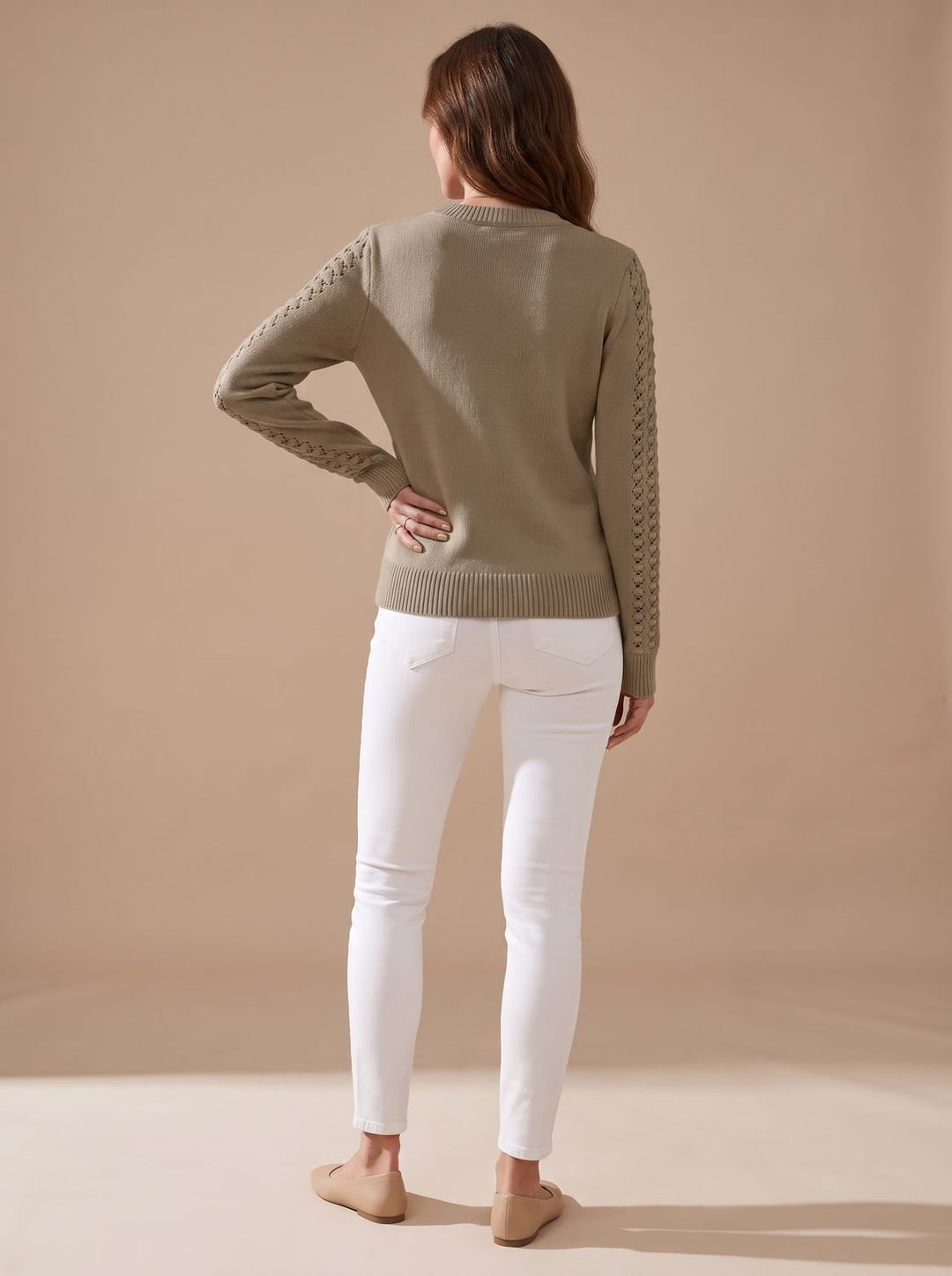 Annika Women's Pointelle Knit Crew Neck Long Sleeve Sweater, view 10 - Elena Harper
