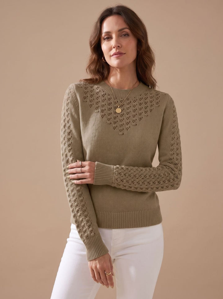 Annika Women's Pointelle Knit Crew Neck Long Sleeve Sweater, view 3 - Elena Harper