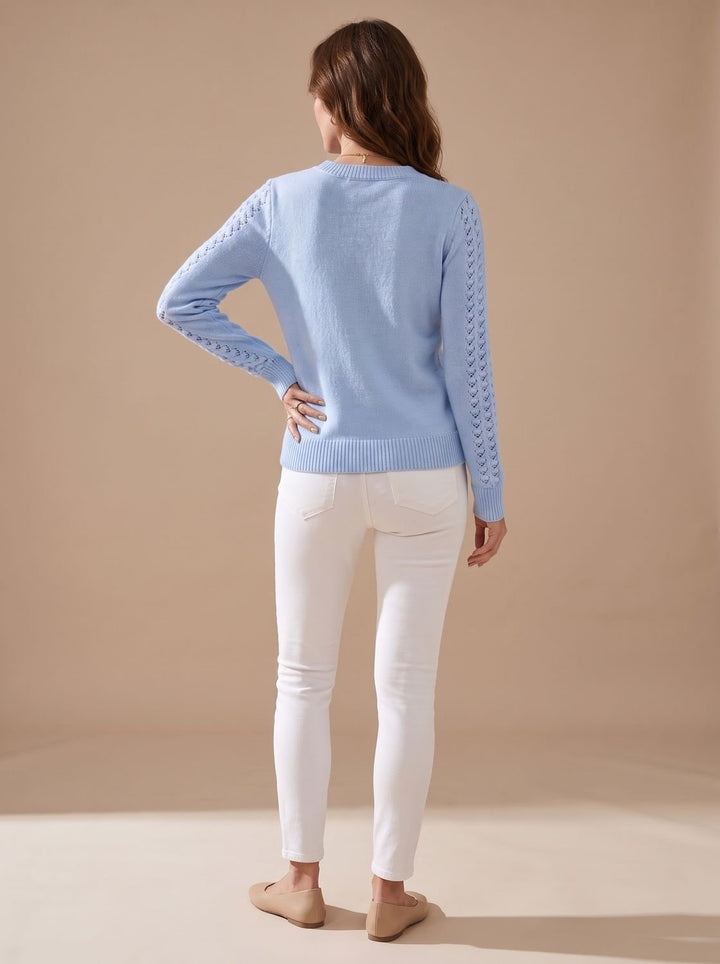 Annika Women's Pointelle Knit Crew Neck Long Sleeve Sweater, view 4 - Elena Harper