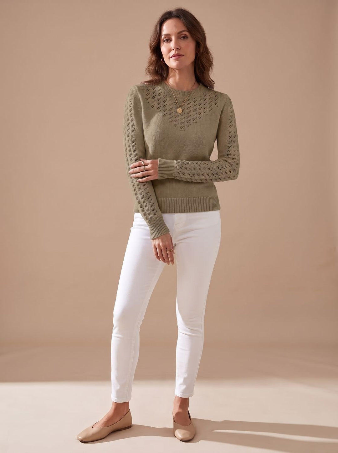 Annika Women's Pointelle Knit Crew Neck Long Sleeve Sweater, view 9 - Elena Harper
