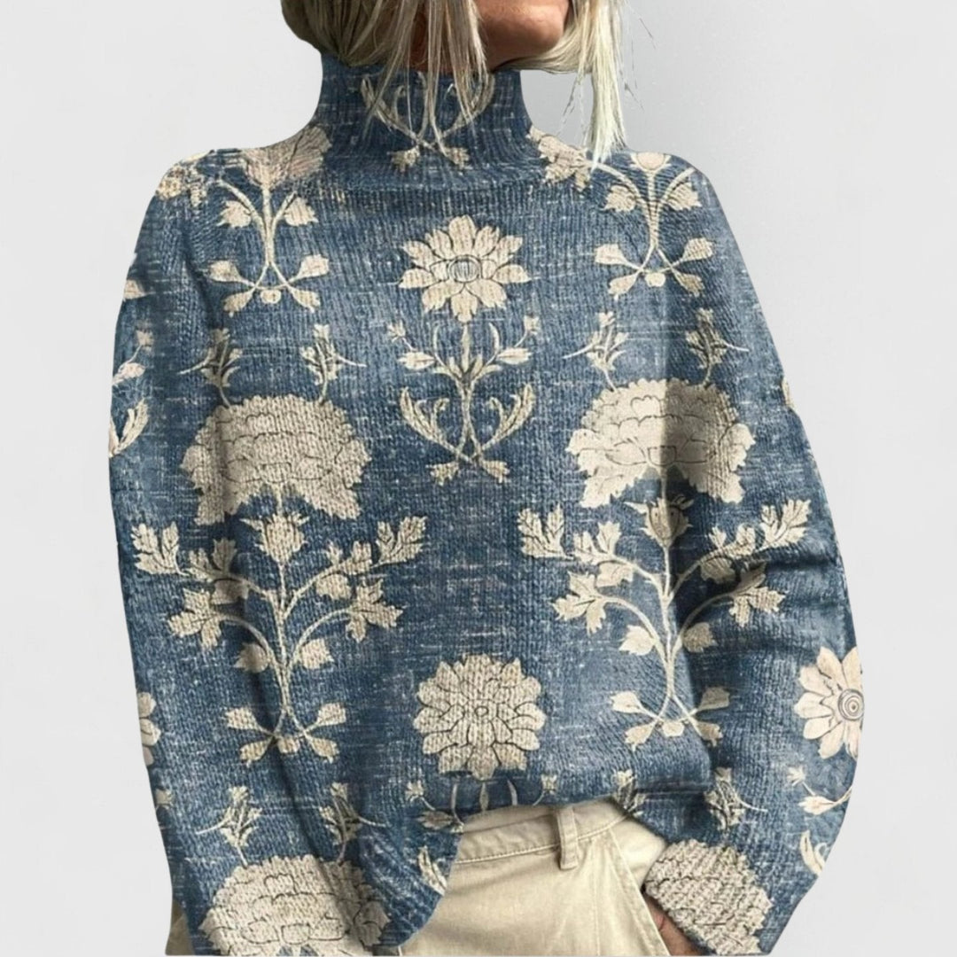 Annika Women's Turtleneck Sweater with Floral Pattern Relaxed-Fit Knit Sweater - Elena Harper
