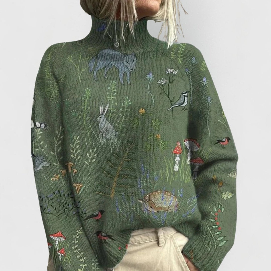 Annika Women's Turtleneck Sweater with Floral Pattern Relaxed-Fit Knit Sweater, view 2 - Elena Harper
