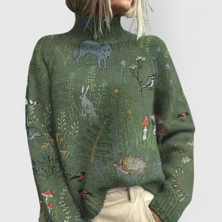 Annika Women's Turtleneck Sweater with Floral Pattern Relaxed-Fit Knit Sweater, view 2 - Elena Harper