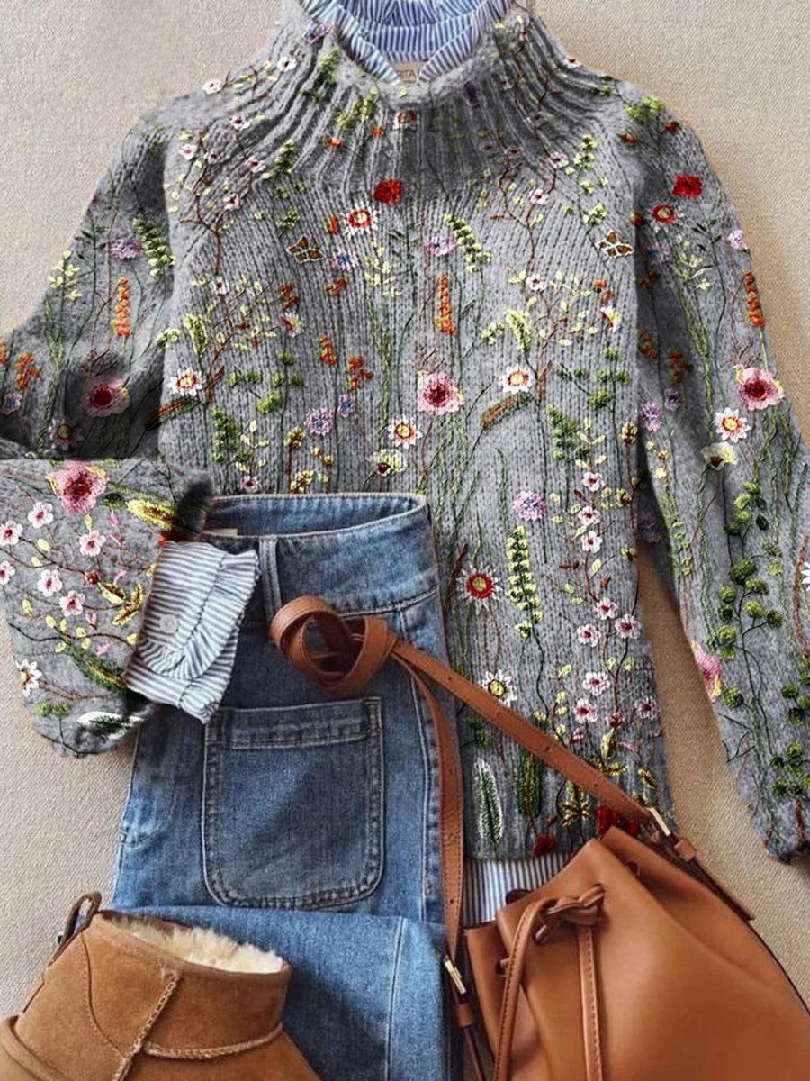 Sophie | Women's Turtleneck Sweater Vintage Floral Knit Sweater