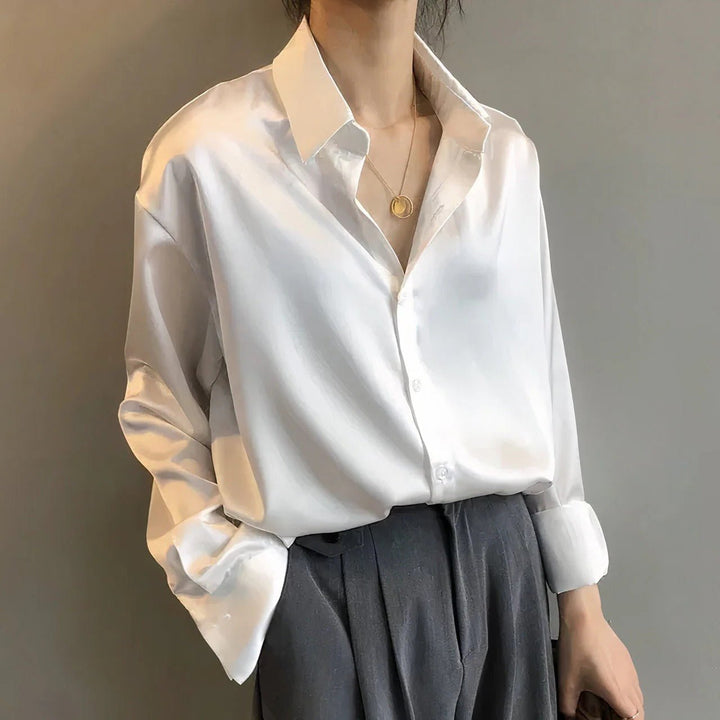 Mia | Women's Satin Long Sleeve Blouse with Button Placket
