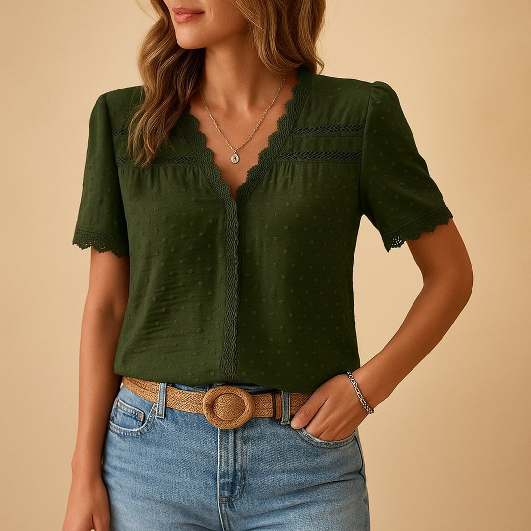 Amelie | Women's Lace Trim Swiss-Dot V-Neck Blouse
