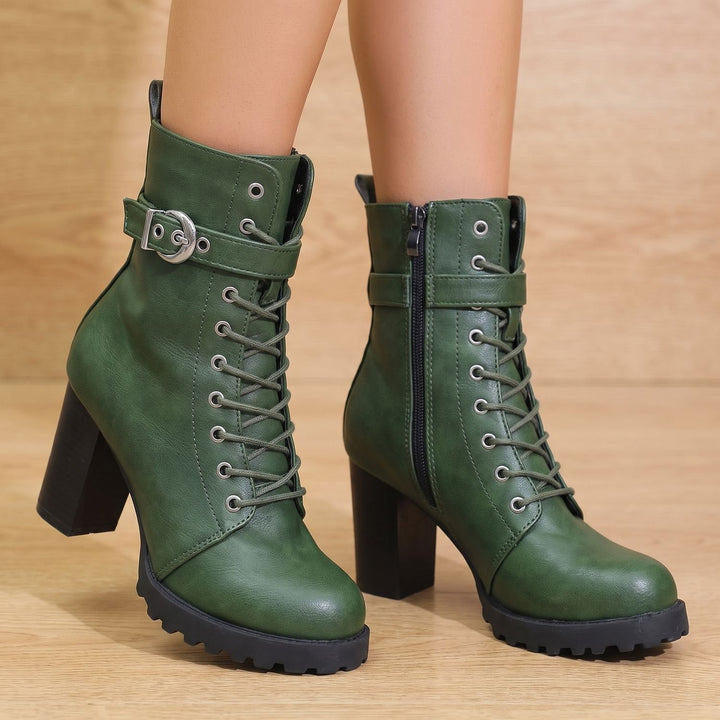 Mia | Women's Ankle Boots with Block Heel, Lacing, and Buckle