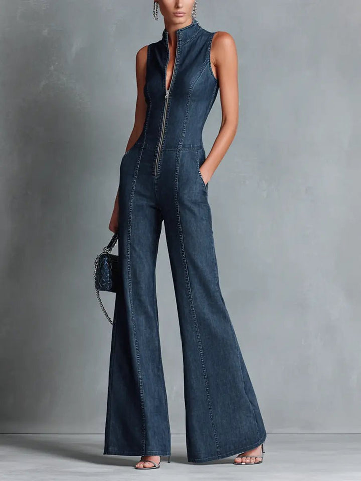 Greta | Women's Stretch Denim Flared Jumpsuit with Zipper