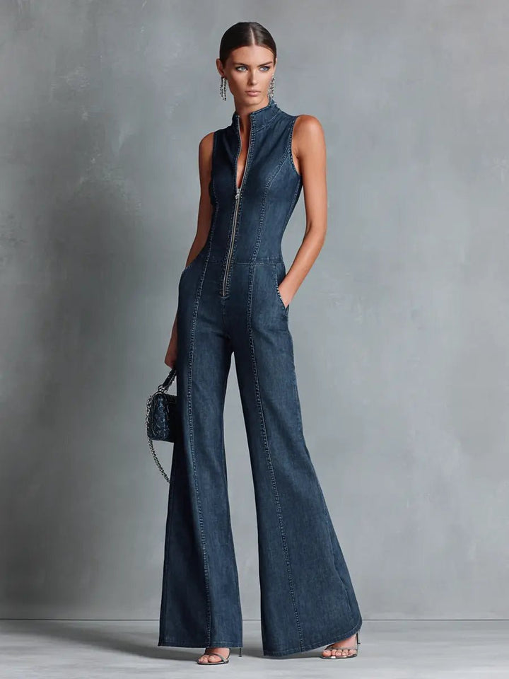 Greta | Women's Stretch Denim Flared Jumpsuit with Zipper