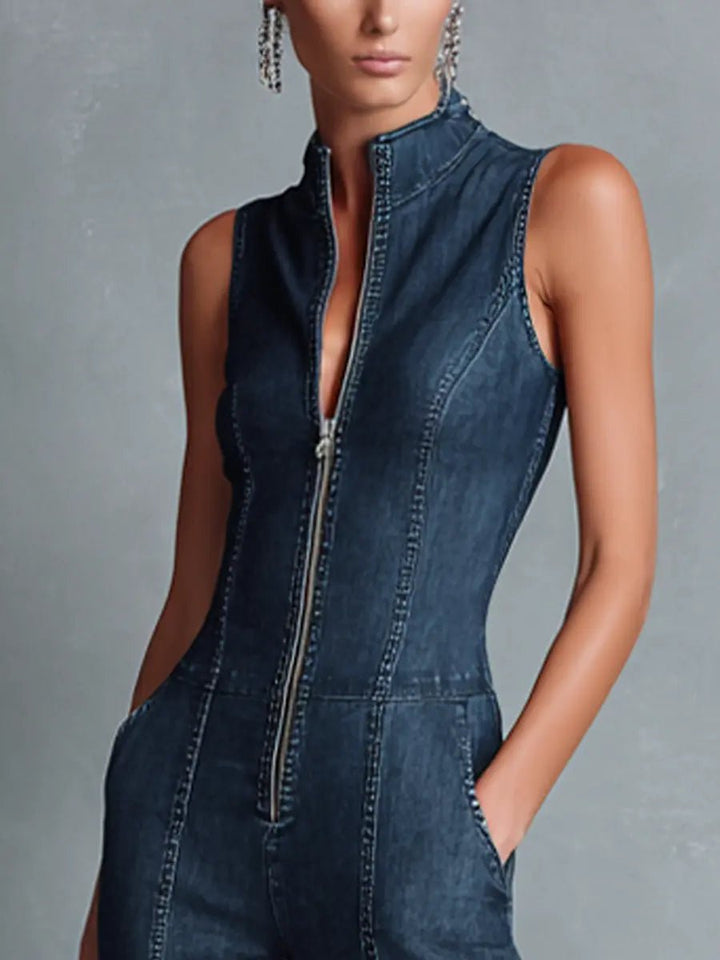 Greta | Women's Stretch Denim Flared Jumpsuit with Zipper