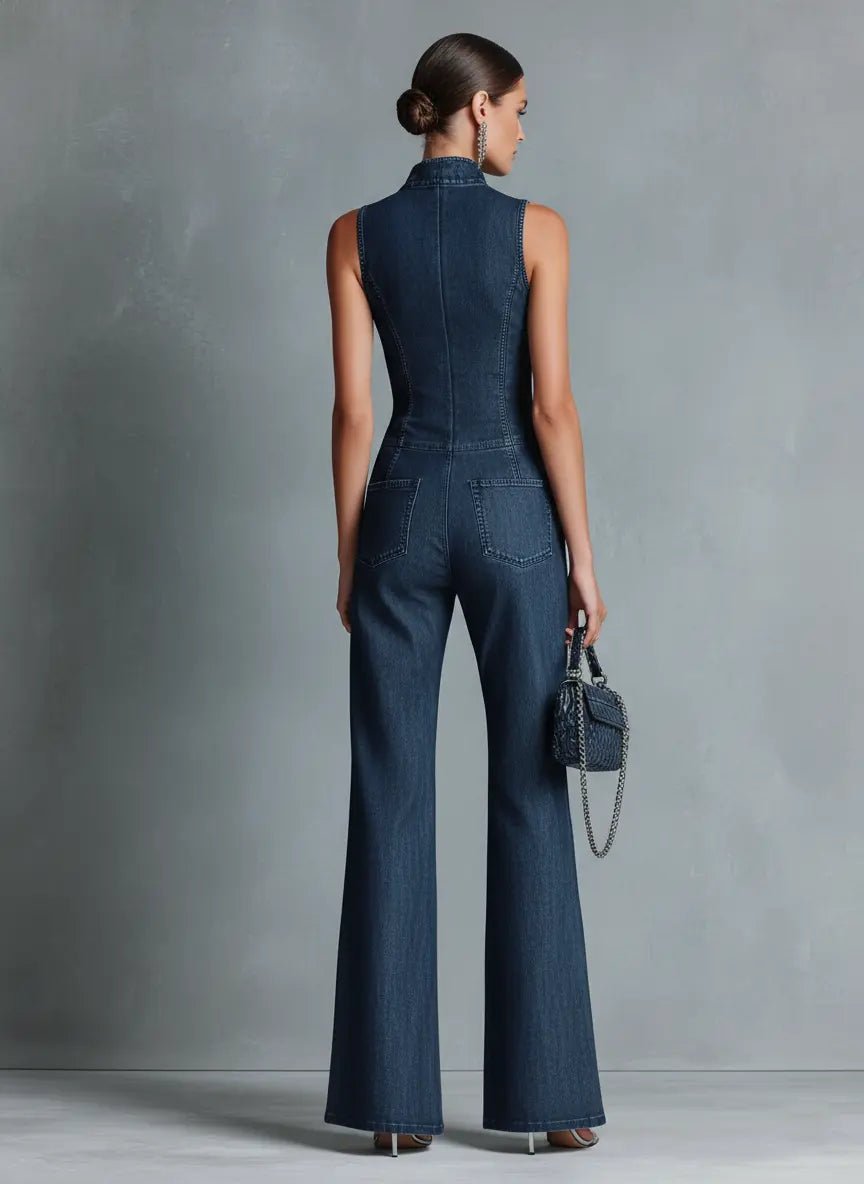 Greta | Women's Stretch Denim Flared Jumpsuit with Zipper
