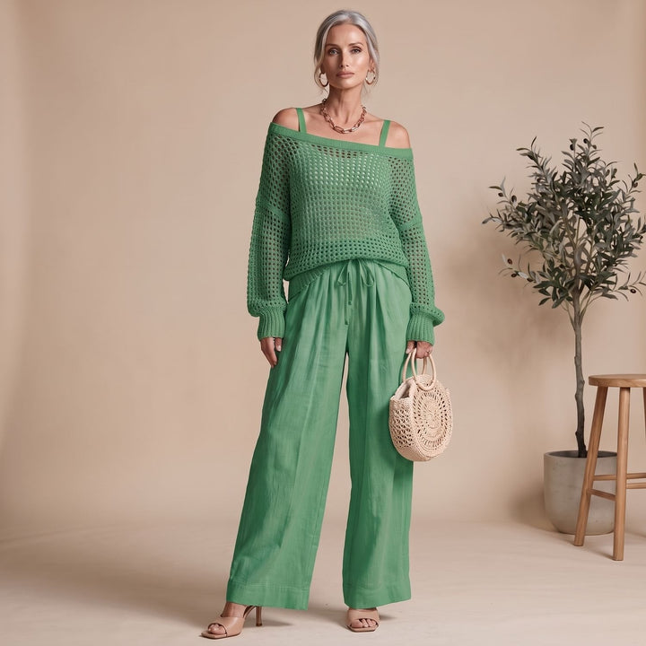 Amelie Women's Knit Two-Piece Off-Shoulder Sweater Wide Pants Elegant, view 6 - Elena Harper