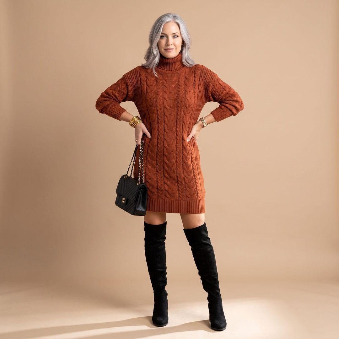 Elisabeth | Women's Knit Dress with Roll Neck Long Sleeve Midi