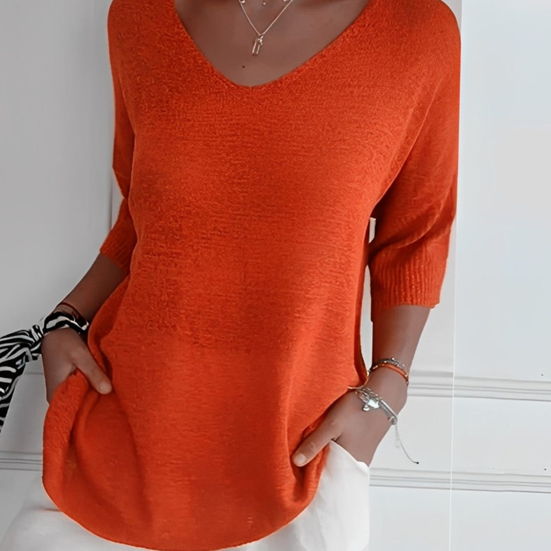 Emilia | Women's Knit Sweater V-Neck Long Cut 3/4 Sleeve Side Pockets