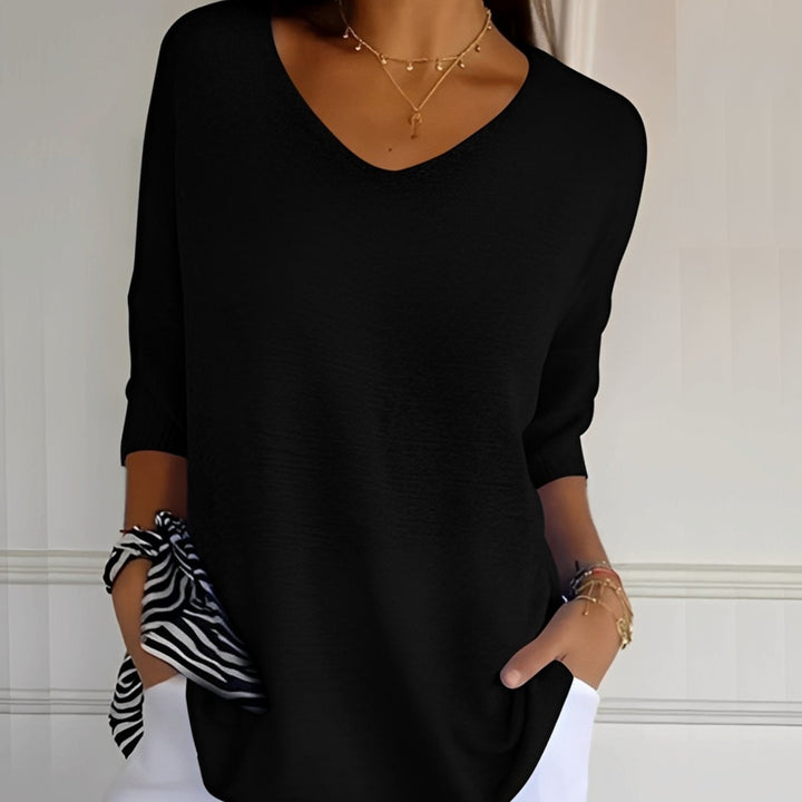 Emilia | Women's Knit Sweater V-Neck Long Cut 3/4 Sleeve Side Pockets