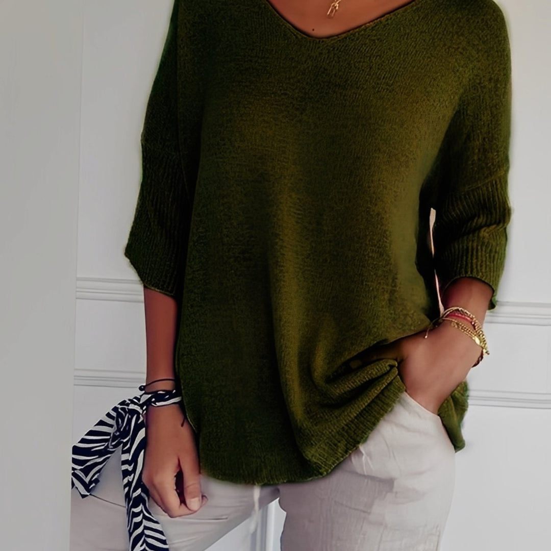 Emilia | Women's Knit Sweater V-Neck Long Cut 3/4 Sleeve Side Pockets