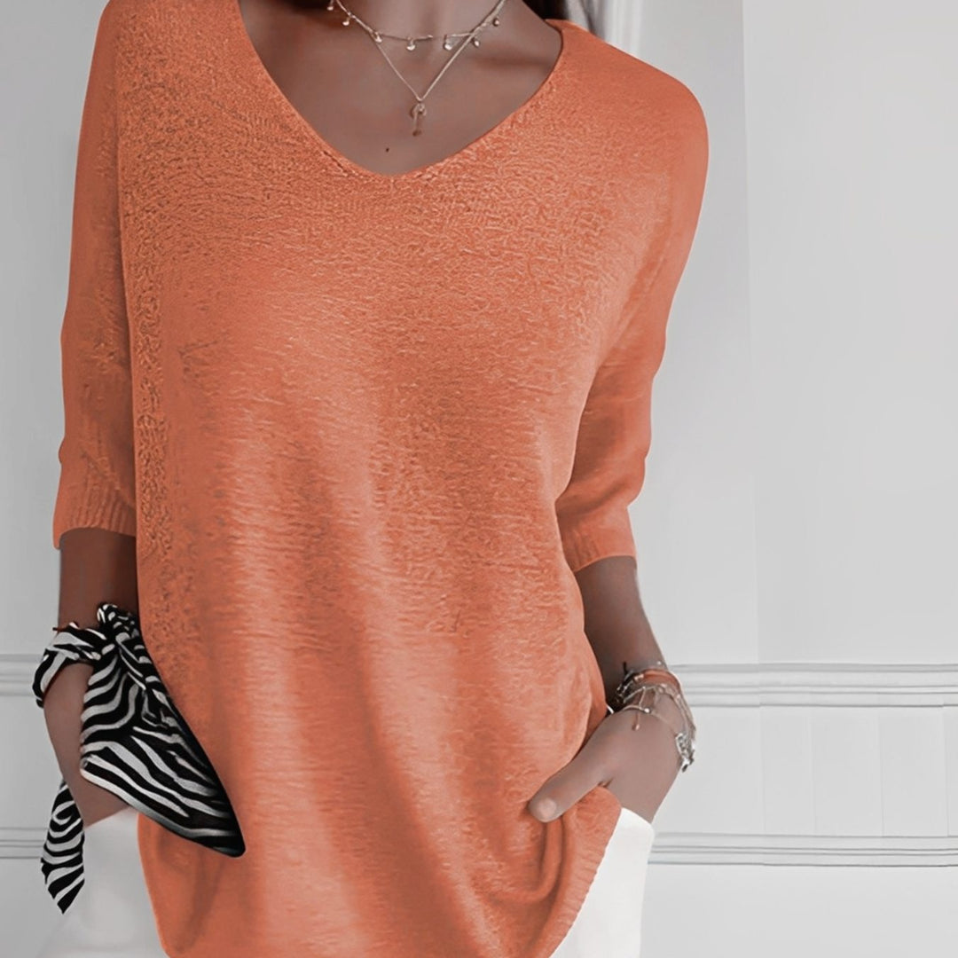 Emilia | Women's Knit Sweater V-Neck Long Cut 3/4 Sleeve Side Pockets