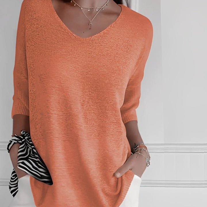 Emilia | Women's Knit Sweater V-Neck Long Cut 3/4 Sleeve Side Pockets