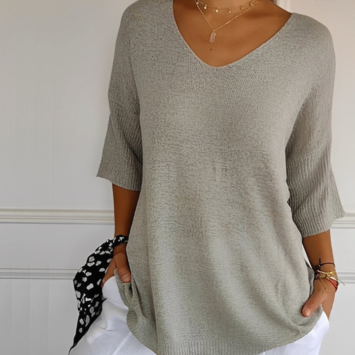 Emilia | Women's Knit Sweater V-Neck Long Cut 3/4 Sleeve Side Pockets