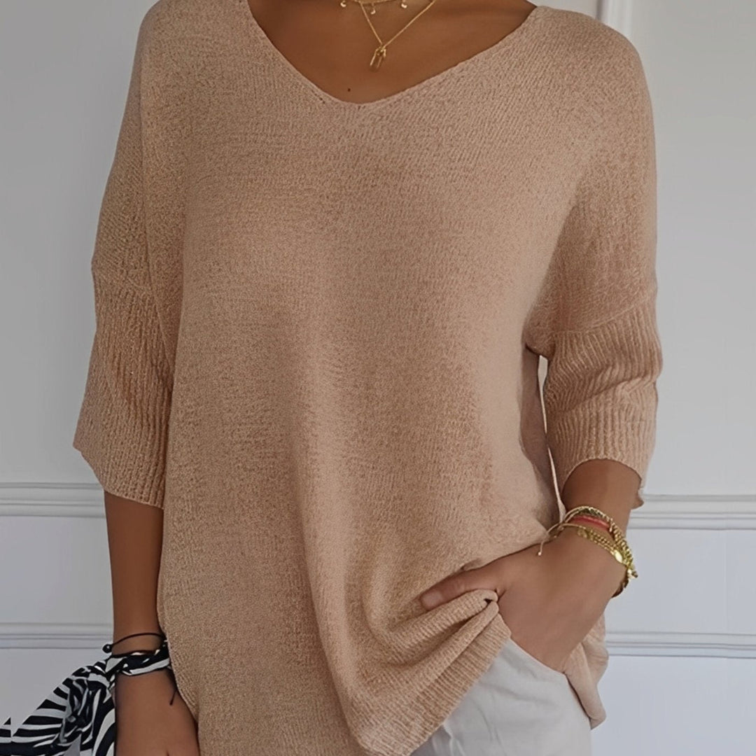 Emilia | Women's Knit Sweater V-Neck Long Cut 3/4 Sleeve Side Pockets