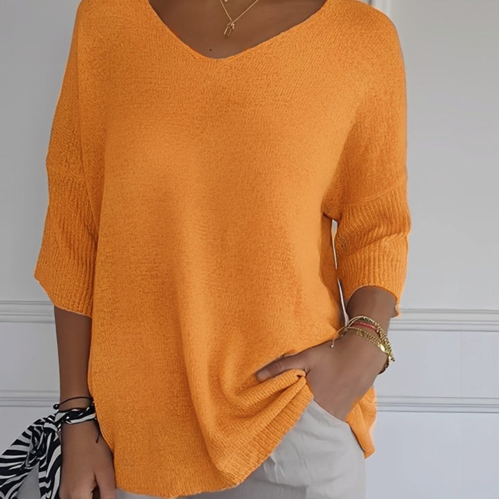 Emilia | Women's Knit Sweater V-Neck Long Cut 3/4 Sleeve Side Pockets