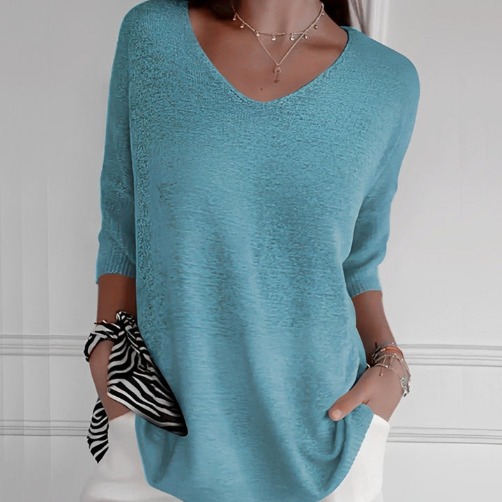 Emilia | Women's Knit Sweater V-Neck Long Cut 3/4 Sleeve Side Pockets