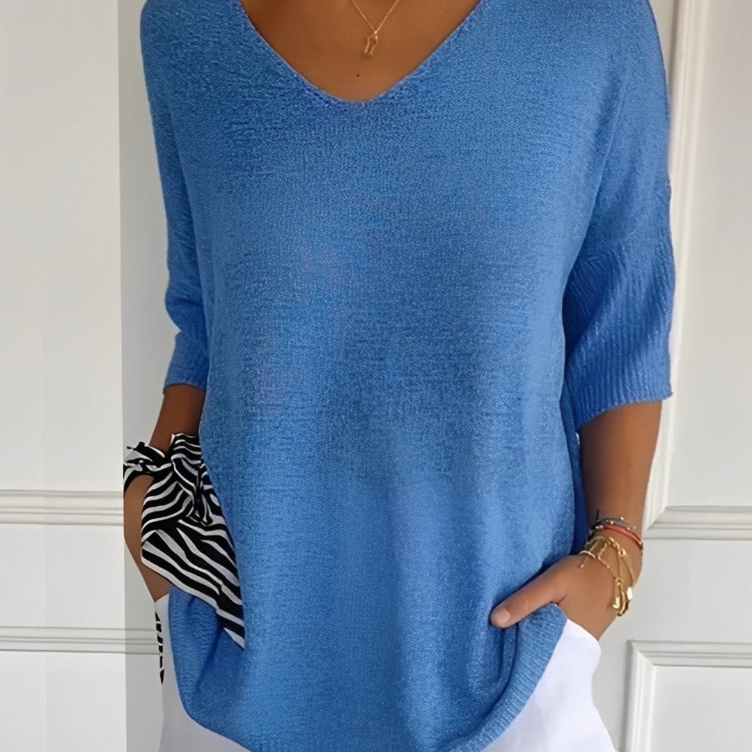 Emilia | Women's Knit Sweater V-Neck Long Cut 3/4 Sleeve Side Pockets
