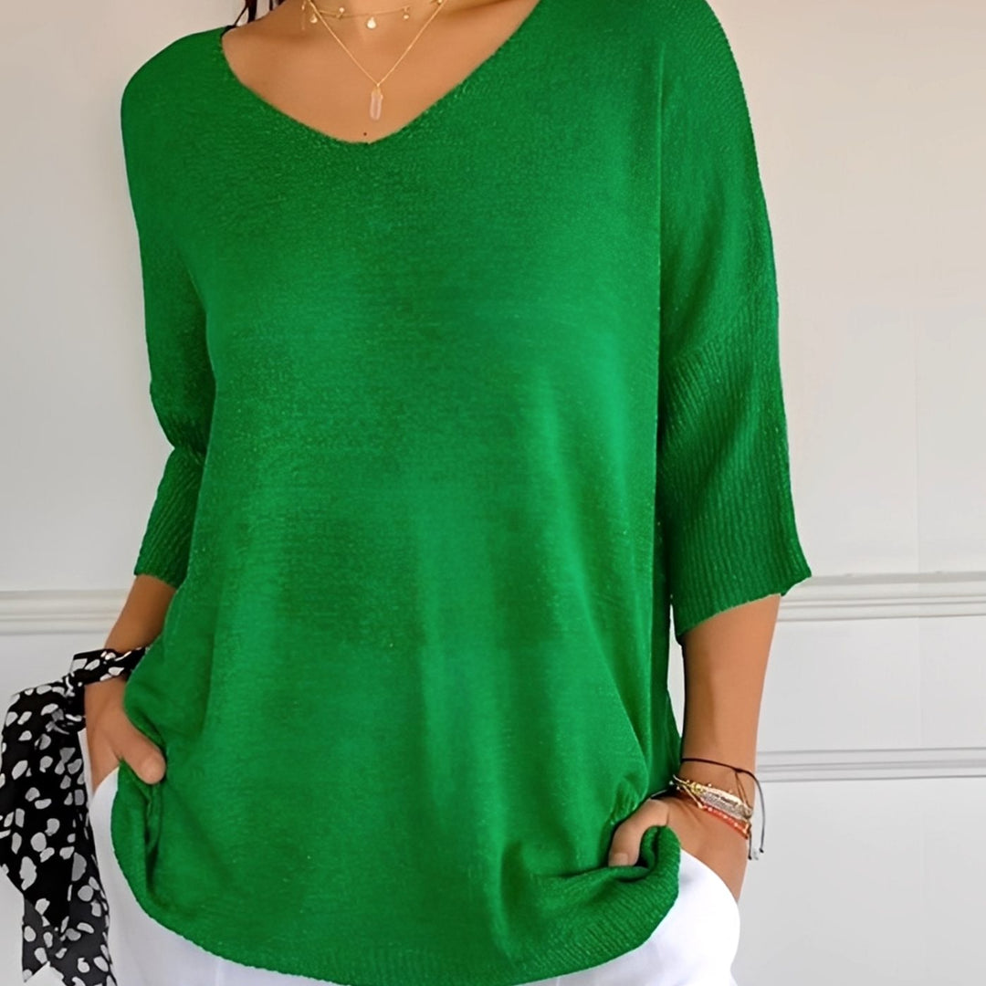 Emilia | Women's Knit Sweater V-Neck Long Cut 3/4 Sleeve Side Pockets