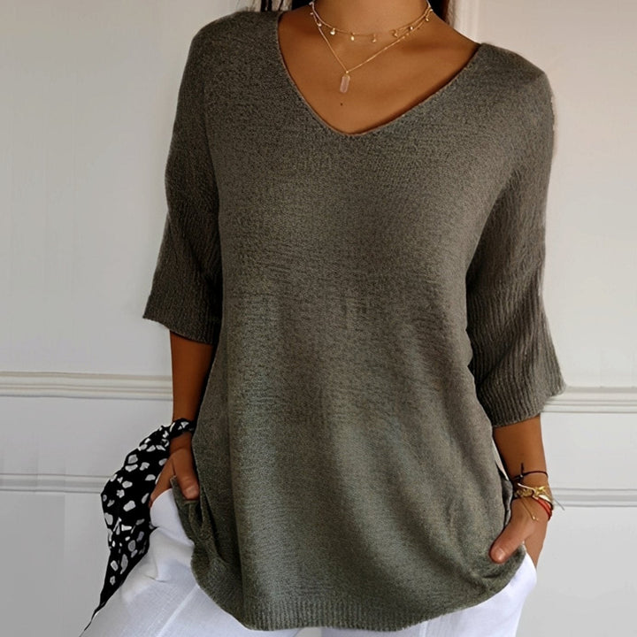 Emilia | Women's Knit Sweater V-Neck Long Cut 3/4 Sleeve Side Pockets