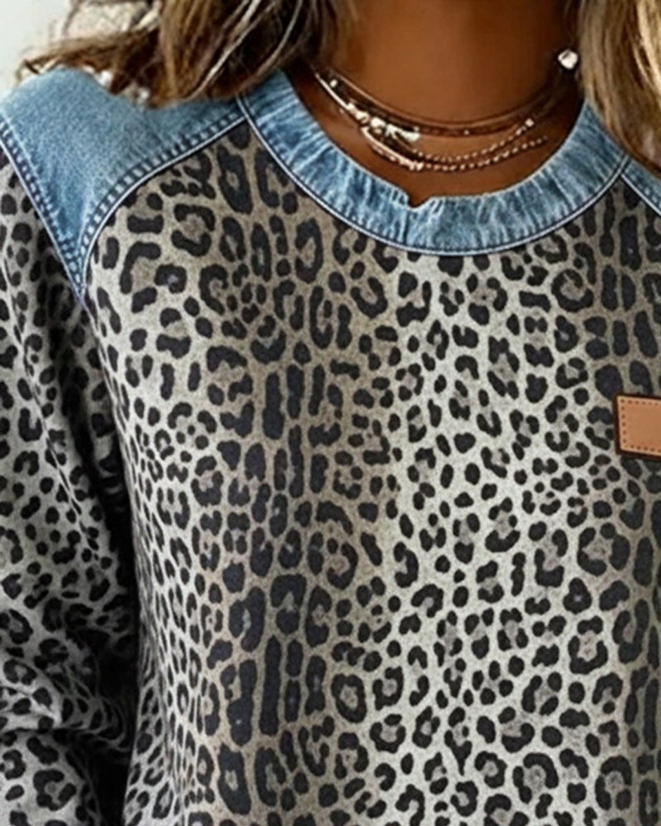 Charlotte | Women's Sweater Leopard Pattern Denim Patchwork Long Sleeve Round Neck Sweatshirt