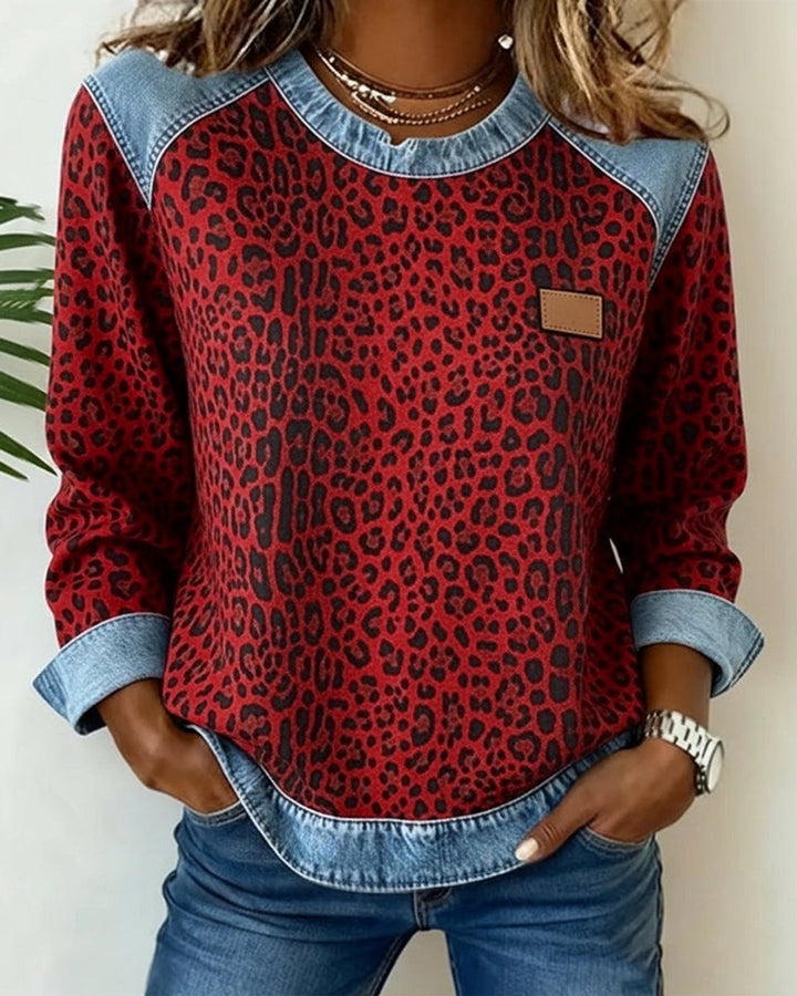 Charlotte | Women's Sweater Leopard Pattern Denim Patchwork Long Sleeve Round Neck Sweatshirt