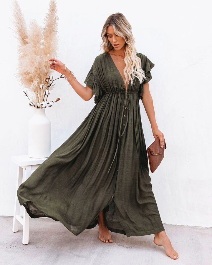 Hannah | Women's V-Neck Button-Down Flowing Maxi Dress