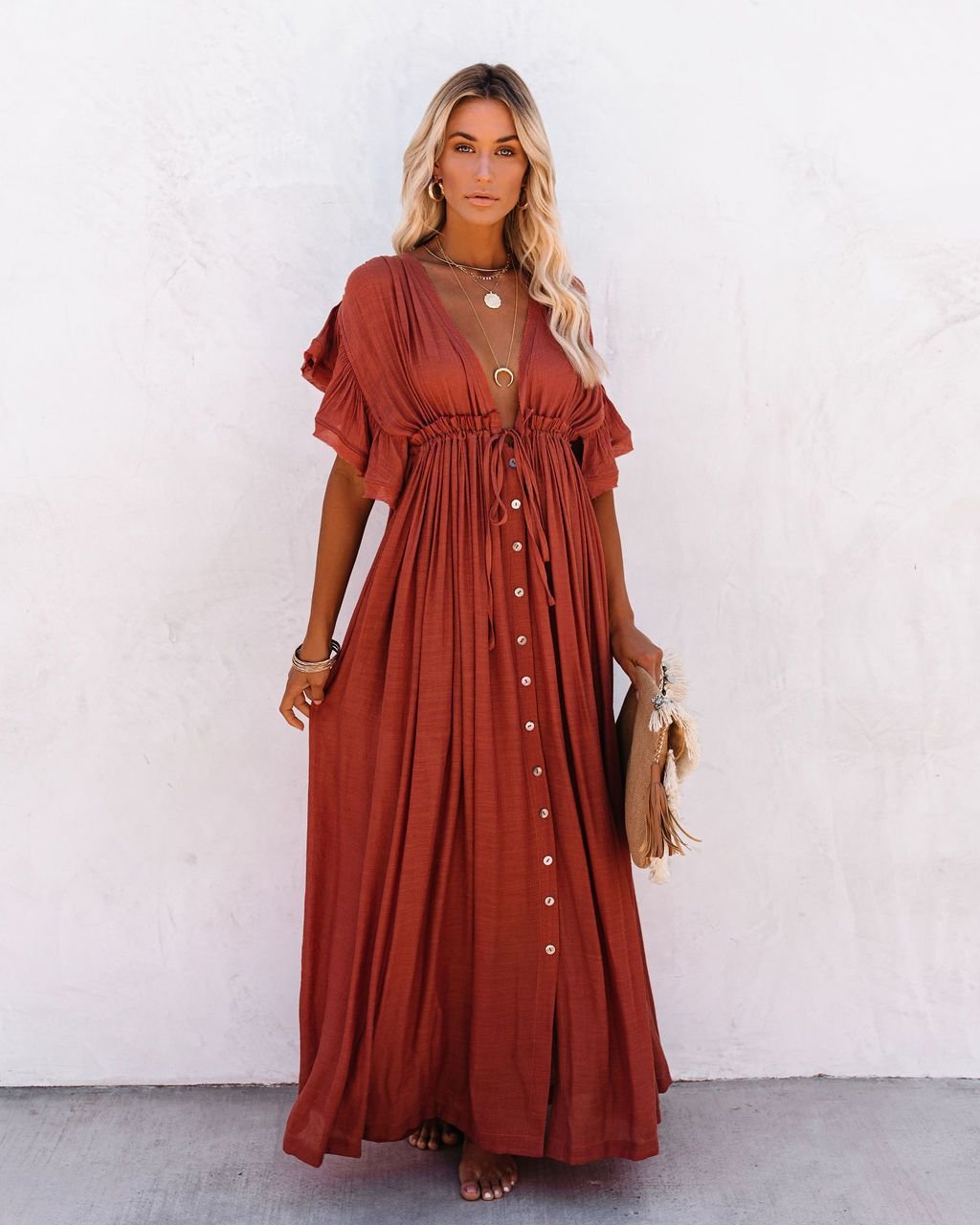 Hannah | Women's V-Neck Button-Down Flowing Maxi Dress