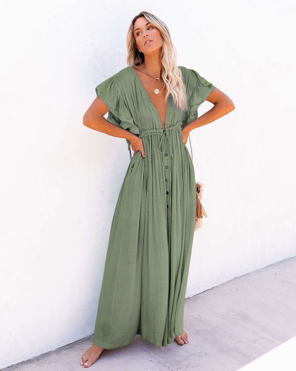 Hannah | Women's V-Neck Button-Down Flowing Maxi Dress