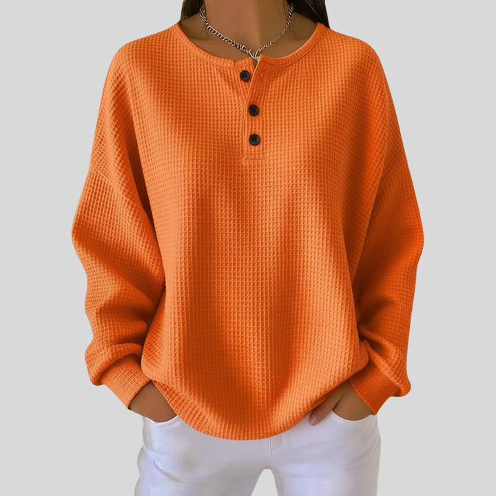 Elisabeth | Women's Waffle Knit Henley Sweater Long Sleeve Oversized Pullover