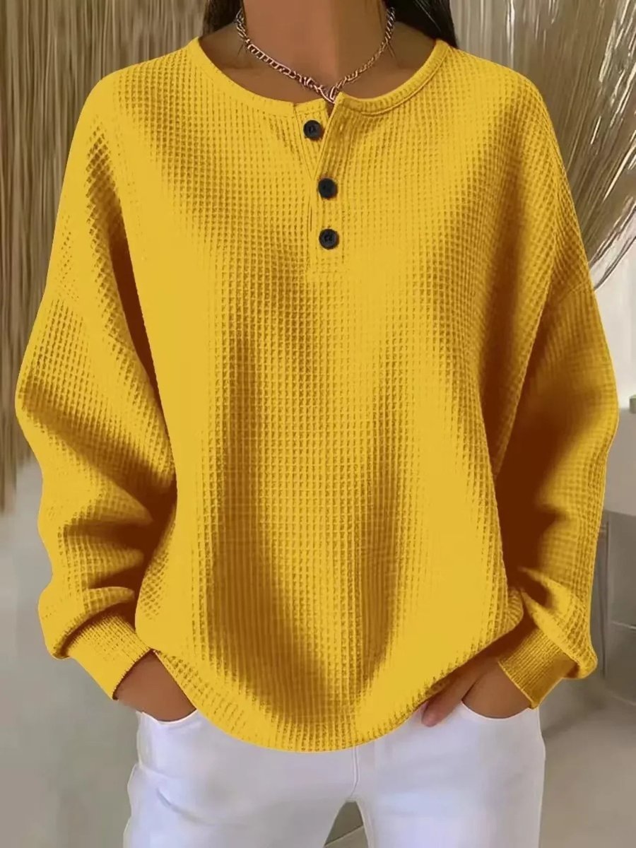 Elisabeth | Women's Waffle Knit Henley Sweater Long Sleeve Oversized Pullover